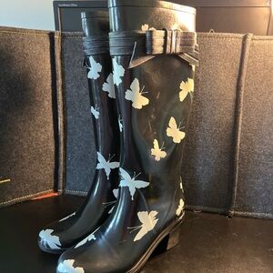 Kate Spade New York Rubber Knee High Rain Boots Black/Cream Butterfly Print Sz 7